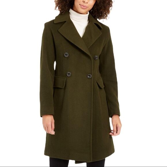 Anne Klein Dark Olive Double-Breasted Wool Cashmere Blend Coat Size 4 NWT - Picture 1 of 9